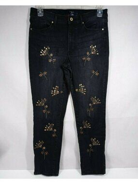 Vintage Hilfiger Jeans Tribeca Skinny Midnight Black W/ Gold Beaded Floral Sz 10